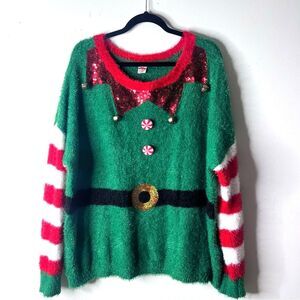 Holiday Time Green Elf Sweater with Red and White Stripes Sz XL Ugly Xmas party